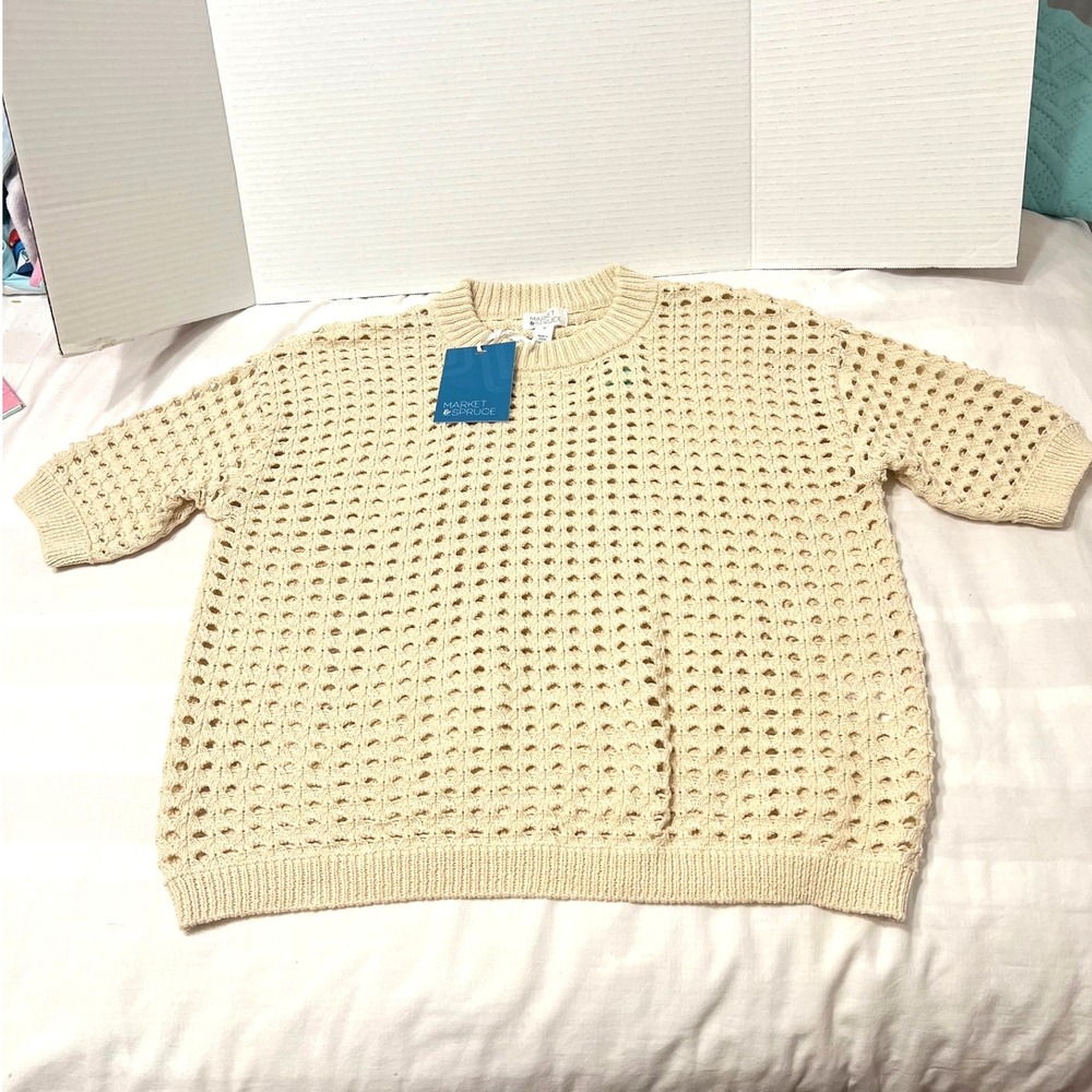 Quiet Luxury Market & Spruce Cream Crochet Open Knit Short Sleeve Sweater XS New